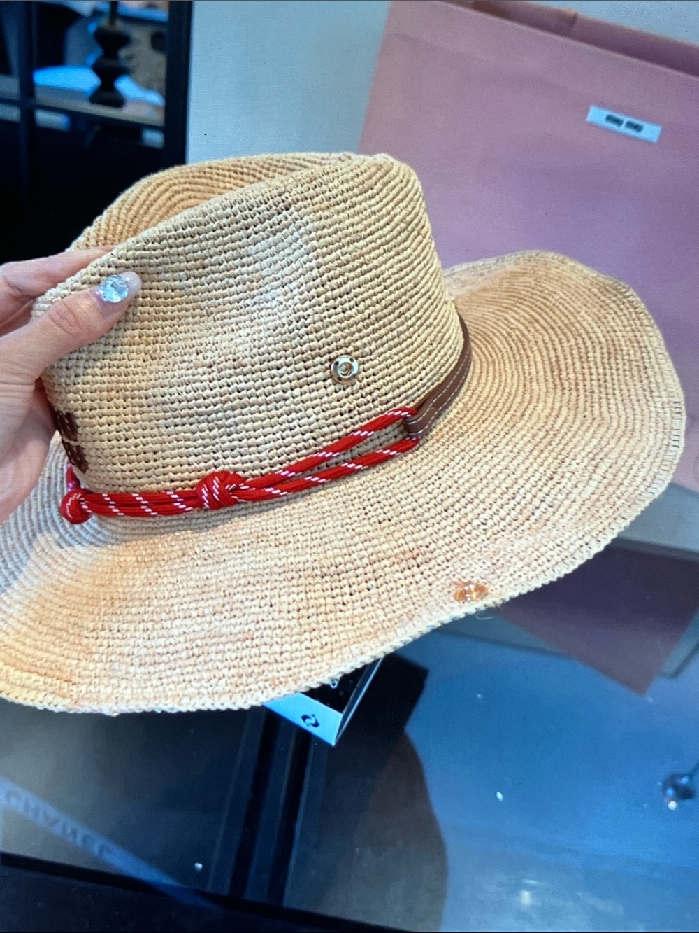 Miu Miu Raffia Cowboy Straw Hat Red Rope Band Embroidered Logo Sun Hat - Picture 6 of 7